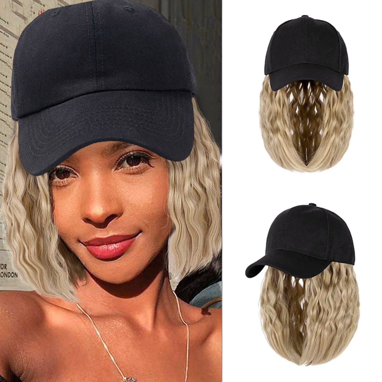 Ins Hot Baseball Cap Hair with 14 inch Wave Curly Bob Wig