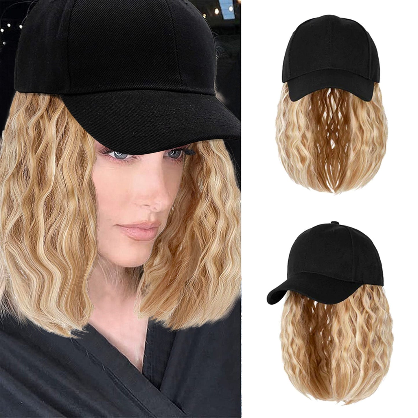 Ins Hot Baseball Cap Hair with 14 inch Wave Curly Bob  Wig