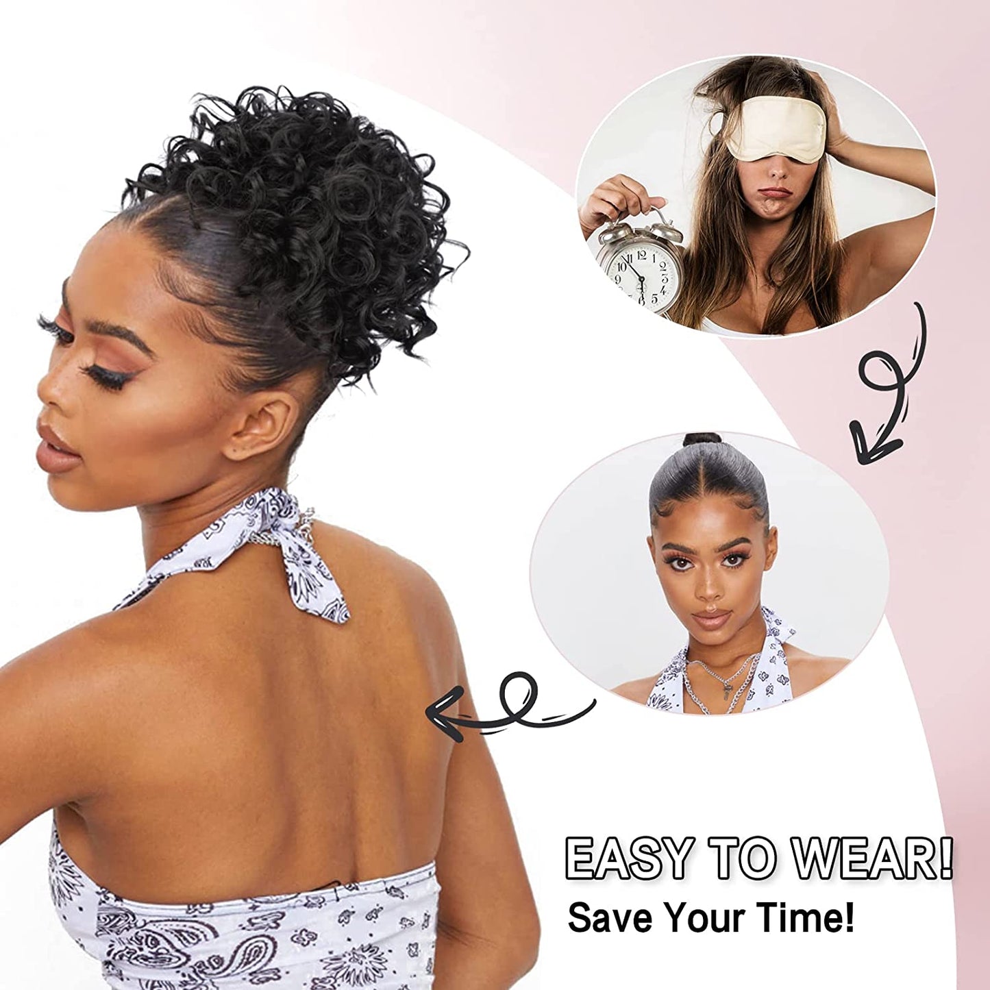 Curly Hair Bun, Elastic Drawstring Loose Wave Messy Hair Bun