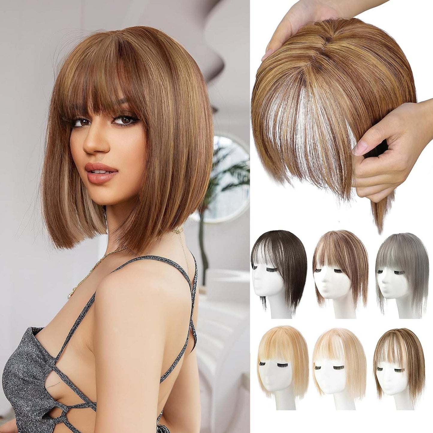 100% Human Hair Toppers for Women Adding Hair Volume Topper with Bangs 12 inches Invisible