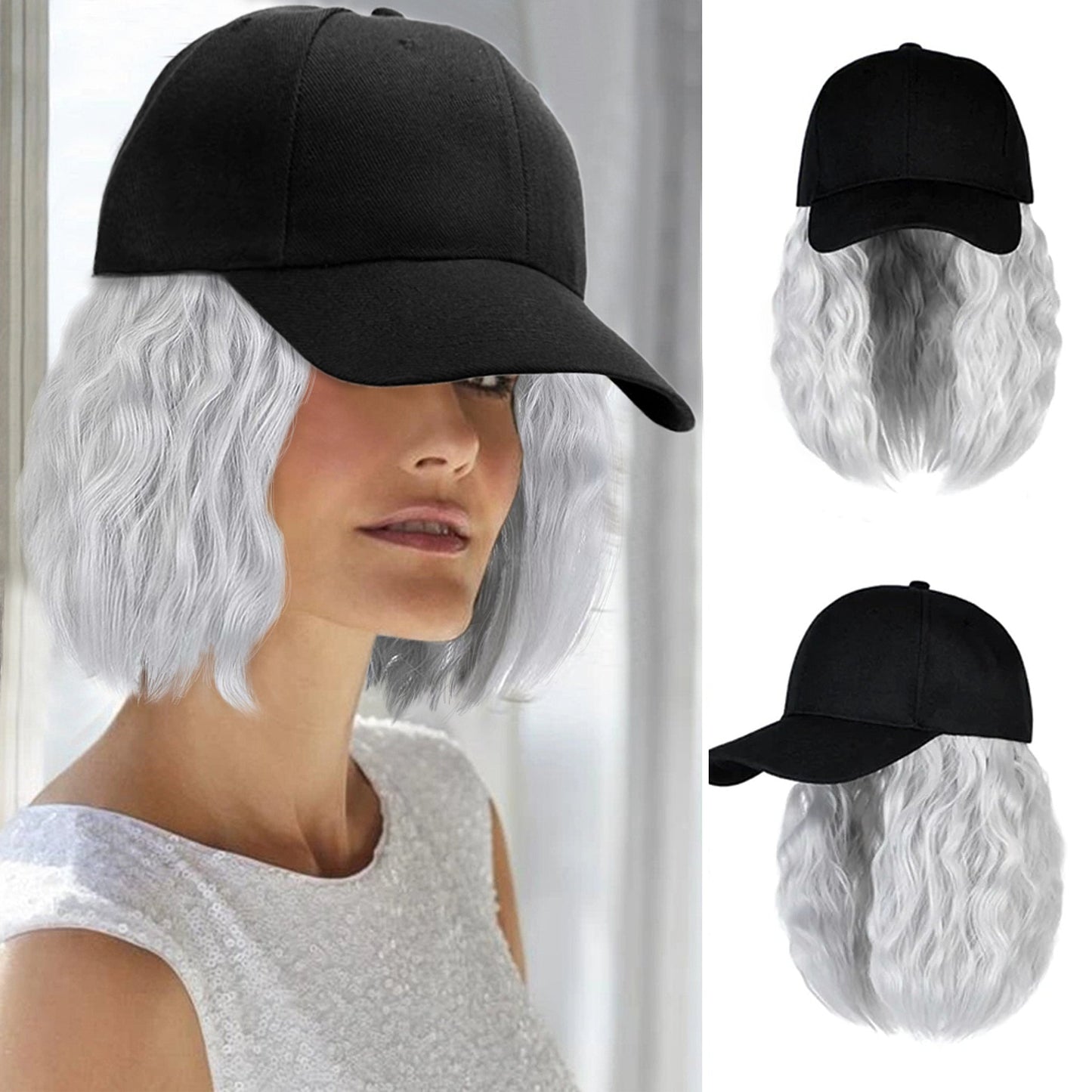 Ins Hot Baseball Cap Hair with 14 inch Wave Curly Bob  Wig